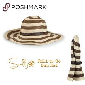 SUNLILY Roll-n-Go Striped Travel Sun Hat (Tan &‎ Brown) NWOT
